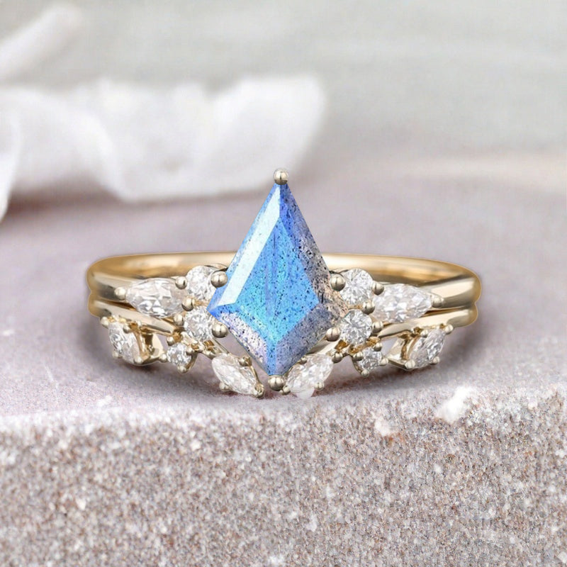 Kite cut Labradorite ring set rose gold 6 prong art deco unique engagement ring set women dainty diamond ring set Personalized anniversary gift