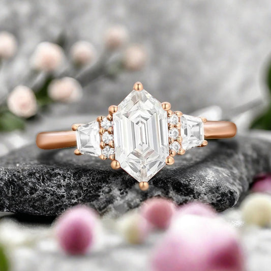 Vintage Hexagon Cut Natural Moissanite Ring Unique Moissanite Engagement Ring Art Deco Moissanite Ring Handmade Rose Gold Bridal Promise Ring