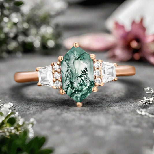 Vintage Hexagon Cut Natural Moss Agate Ring Unique Moss Agate Engagement Ring Art Deco Moss Agate Ring Handmade Rose Gold Bridal Promise Ring