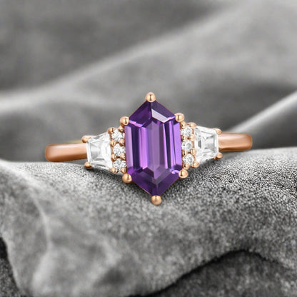 Vintage Hexagon Cut Natural Amethyst Ring Unique Amethyst Engagement Ring Art Deco Amethyst Ring Handmade Rose Gold Bridal Promise Ring