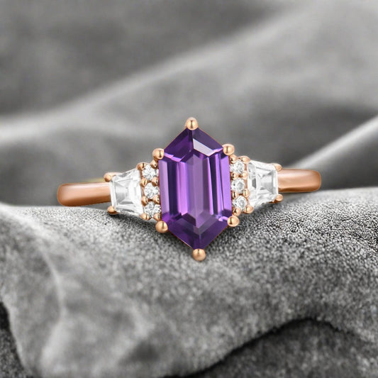 Vintage Hexagon Cut Natural Amethyst Ring Unique Amethyst Engagement Ring Art Deco Amethyst Ring Handmade Rose Gold Bridal Promise Ring