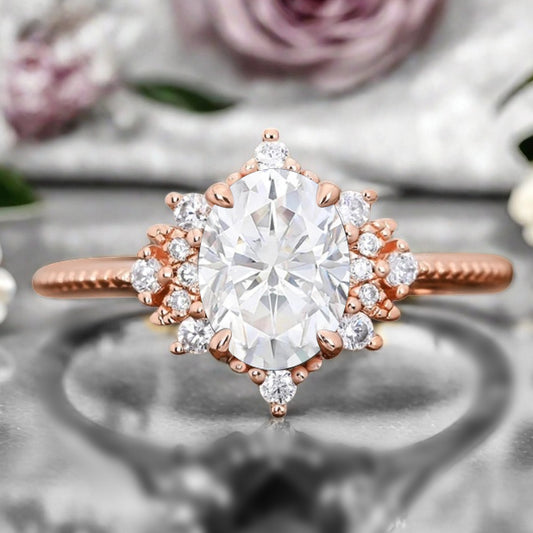 Oval Halo Moissanite Engagement Ring Moissanite Cluster Ring Floral Moissanite Ring Sunburst Ring Solid Gold Ring Vintage Anniversary Ring