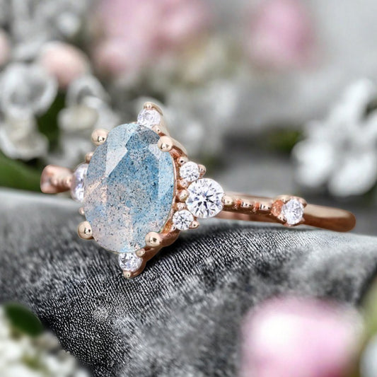 Bague de fiançailles en pierre de soleil ovale, bague de mariage unique en moissanite, cadeau pour elle