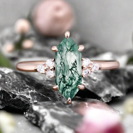 Marquise cut Moss agate engagement ring Vintage Rose gold ring Marquise diamond Bridal ring Anniversary gift