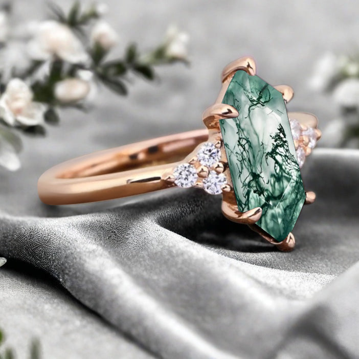 Marquise cut Moss agate engagement ring Vintage Rose gold ring Marquise diamond Bridal ring Anniversary gift