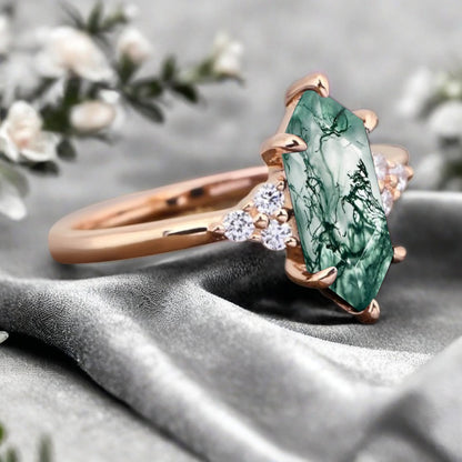 Marquise cut Moss agate engagement ring Vintage Rose gold ring Marquise diamond Bridal ring Anniversary gift