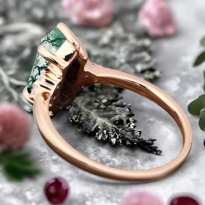 Marquise cut Moss agate engagement ring Vintage Rose gold ring Marquise diamond Bridal ring Anniversary gift
