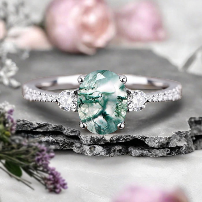Vintage Oval Cut Moss Agate Ring Unique Moss Agate Engagement Ring Green Moss Agate Wedding Ring Moss Agate Statement Women Ring Gift For Her