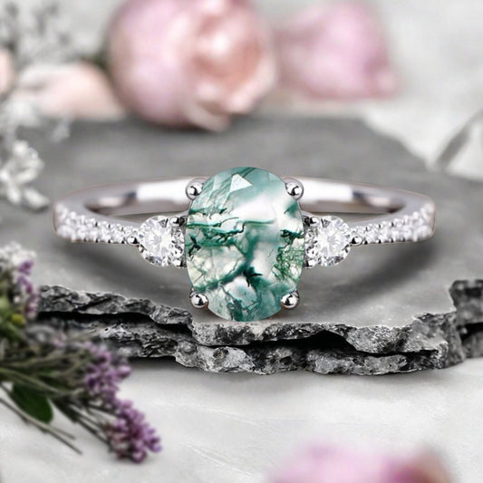 Vintage Oval Cut Moss Agate Ring Unique Moss Agate Engagement Ring Green Moss Agate Wedding Ring Moss Agate Statement Women Ring Gift For Her
