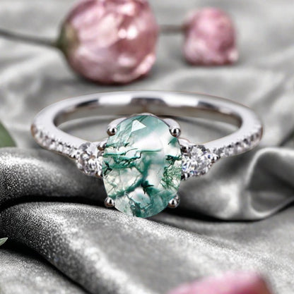Vintage Oval Cut Moss Agate Ring Unique Moss Agate Engagement Ring Green Moss Agate Wedding Ring Moss Agate Statement Women Ring Gift For Her