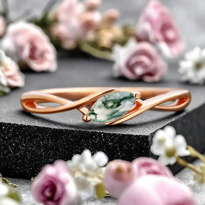 Marquise cut Moss Agate wedding band Unique 14k Rose gold wedding band Anniversary ring