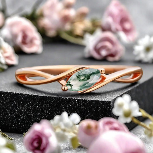 Marquise cut Moss Agate wedding band Unique 14k Rose gold wedding band Anniversary ring
