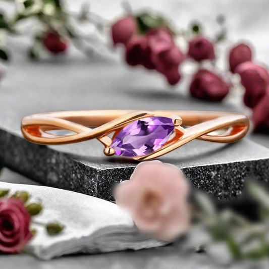 Marquise cut Amethyst wedding band Unique 14k Rose gold wedding band Anniversary ring
