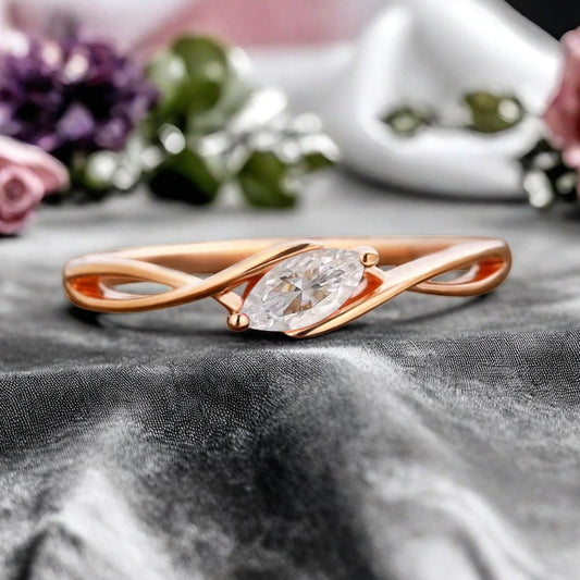 Marquise cut Moissanite wedding band Unique 14k Rose gold wedding band Anniversary ring