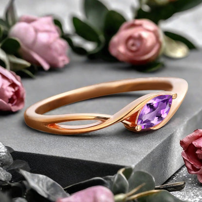 Marquise cut Amethyst wedding band Unique 14k Rose gold wedding band Anniversary ring