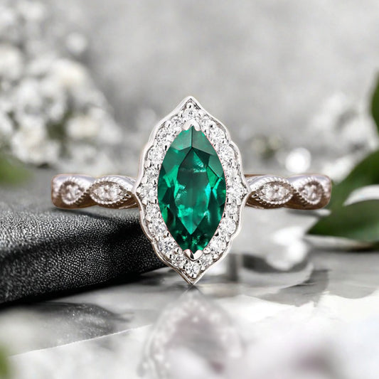 Marquise Emerald Engagement Ring Art Deco Emerald Wedding Ring Gemstone Bridal Ring 14k Gold Ring Unique Promise Anniversary Gift