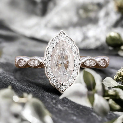 Marquise Moissanite Engagement Ring Art Deco Moissanite Wedding Ring Gemstone Bridal Ring 14k Gold Ring Unique Promise Anniversary Gift