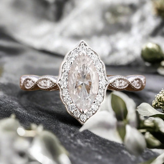 Marquise Moissanite Engagement Ring Art Deco Moissanite Wedding Ring Gemstone Bridal Ring 14k Gold Ring Unique Promise Anniversary Gift