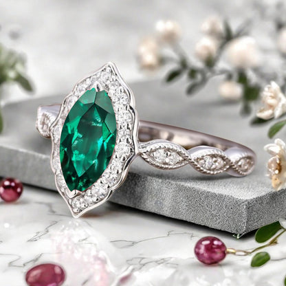 Marquise Emerald Engagement Ring Art Deco Emerald Wedding Ring Gemstone Bridal Ring 14k Gold Ring Unique Promise Anniversary Gift