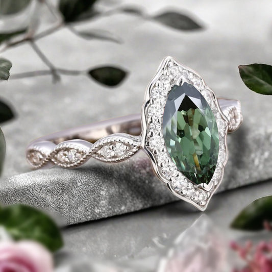 Marquise Tsavorite Engagement Ring Art Deco Tsavorite Wedding Ring Gemstone Bridal Ring 14k Gold Ring Unique Promise Anniversary Gift