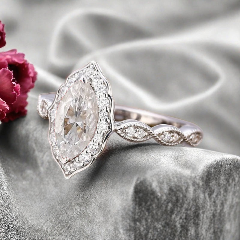 Marquise Moissanite Engagement Ring Art Deco Moissanite Wedding Ring Gemstone Bridal Ring 14k Gold Ring Unique Promise Anniversary Gift