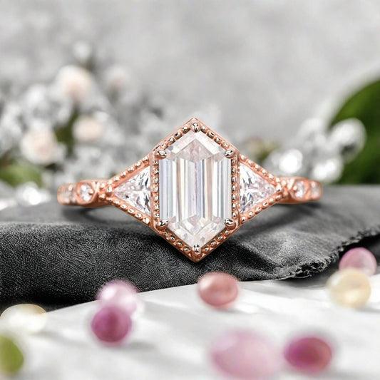 Hexagon Cut Natural Moissanite Ring Art Deco Moissanite Rose Gold Covered Ring Handmade Rose Gold Bridal Promise Ring