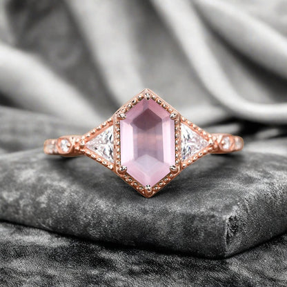 Hexagon Cut Natural Pink Sapphire Ring Art Deco Pink Sapphire Rose Gold Covered Ring Handmade Rose Gold Bridal Promise Ring