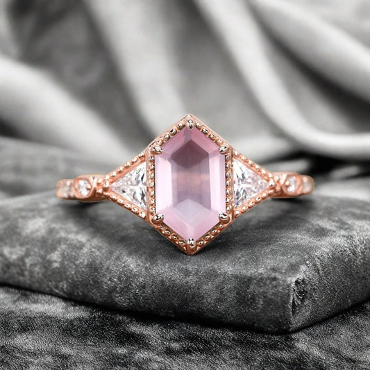Hexagon Cut Natural Pink Sapphire Ring Art Deco Pink Sapphire Rose Gold Covered Ring Handmade Rose Gold Bridal Promise Ring