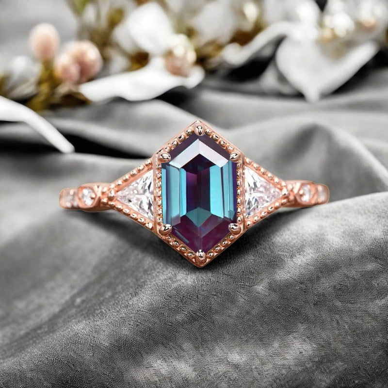 Hexagon Cut Natural Alexandrite Ring Art Deco Alexandrite Rose Gold Covered Ring Handmade Rose Gold Bridal Promise Ring