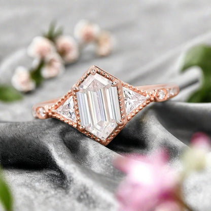 Hexagon Cut Natural Moissanite Ring Art Deco Moissanite Rose Gold Covered Ring Handmade Rose Gold Bridal Promise Ring