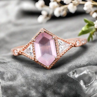 Hexagon Cut Natural Pink Sapphire Ring Art Deco Pink Sapphire Rose Gold Covered Ring Handmade Rose Gold Bridal Promise Ring