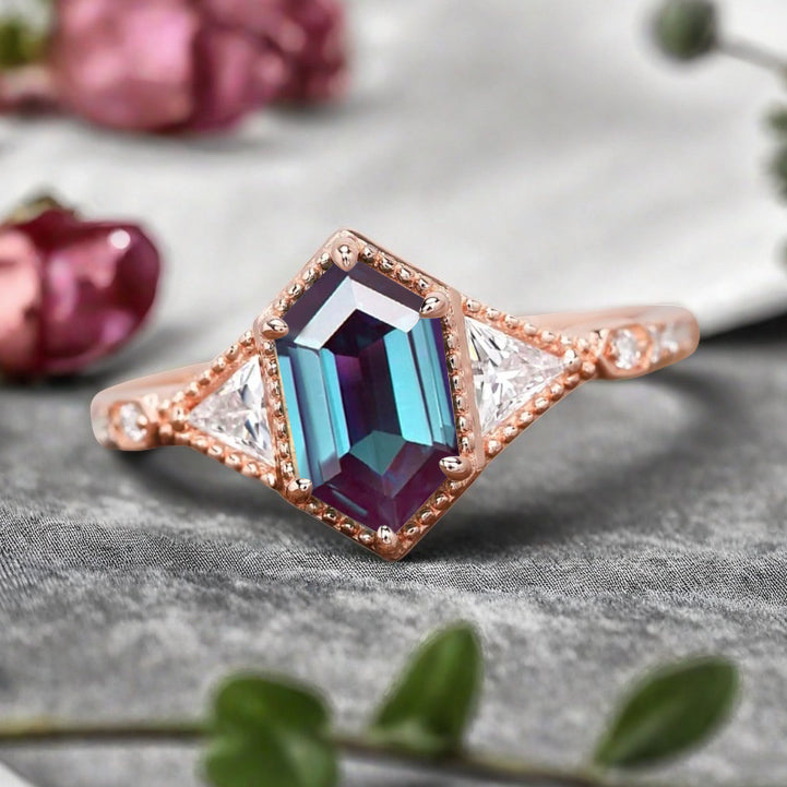 Hexagon Cut Natural Alexandrite Ring Art Deco Alexandrite Rose Gold Covered Ring Handmade Rose Gold Bridal Promise Ring
