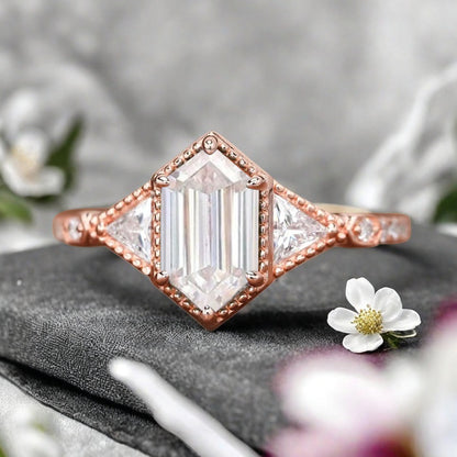 Hexagon Cut Natural Moissanite Ring Art Deco Moissanite Rose Gold Covered Ring Handmade Rose Gold Bridal Promise Ring