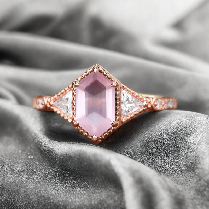 Hexagon Cut Natural Pink Sapphire Ring Art Deco Pink Sapphire Rose Gold Covered Ring Handmade Rose Gold Bridal Promise Ring