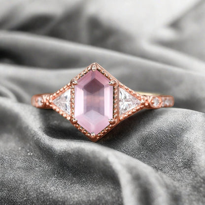 Hexagon Cut Natural Pink Sapphire Ring Art Deco Pink Sapphire Rose Gold Covered Ring Handmade Rose Gold Bridal Promise Ring