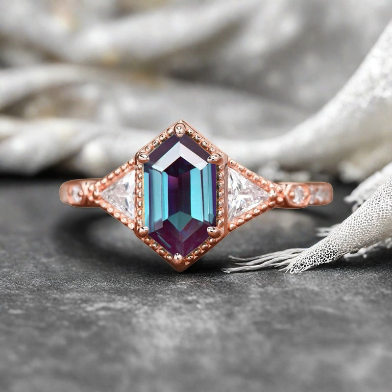 Hexagon Cut Natural Alexandrite Ring Art Deco Alexandrite Rose Gold Covered Ring Handmade Rose Gold Bridal Promise Ring