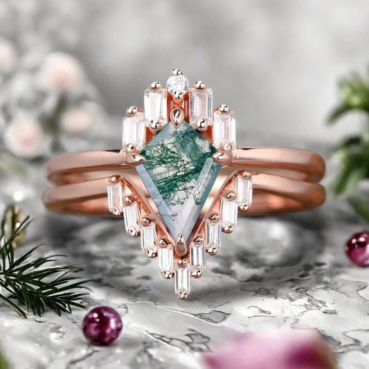 Kite Cut Moss Agate Rose Gold Engagement Ring Set, Vintage Moss Agate Wedding Bridal Set, 14k Rose Gold Promise Anniversary Ring for Women