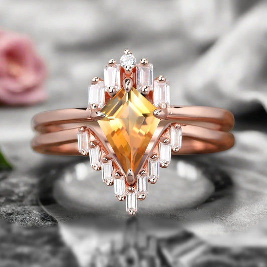 Kite Cut Citrine Rose Gold Engagement Ring Set, Vintage Citrine Wedding Bridal Set, 14k Rose Gold Promise Anniversary Ring for Women