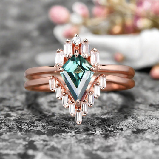 Kite Cut Blue-Green Sapphire Rose Gold Engagement Ring Set, Vintage Blue-Green Sapphire Wedding Bridal Set, 14k Rose Gold Promise Anniversary Ring for Women