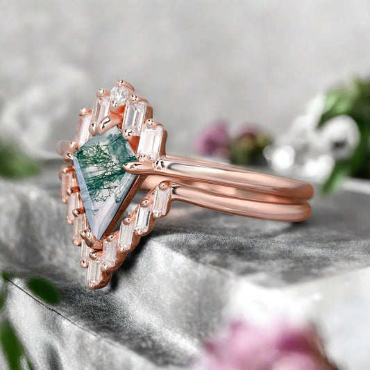 Kite Cut Moss Agate Rose Gold Engagement Ring Set, Vintage Moss Agate Wedding Bridal Set, 14k Rose Gold Promise Anniversary Ring for Women