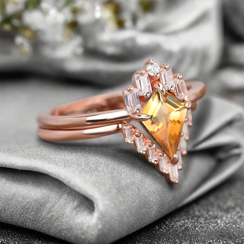 Kite Cut Citrine Rose Gold Engagement Ring Set, Vintage Citrine Wedding Bridal Set, 14k Rose Gold Promise Anniversary Ring for Women