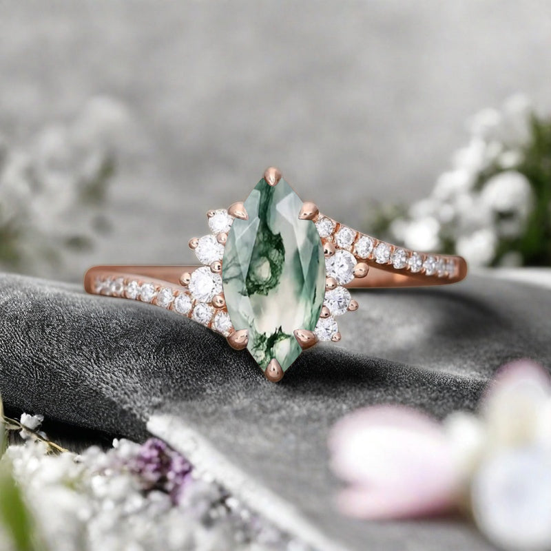 Marquise cut Moss agate Engagement ring Vintage Rose gold Art Deco Botanical Marquise Moissanite Promise Bridal Anniversary Ring for Women