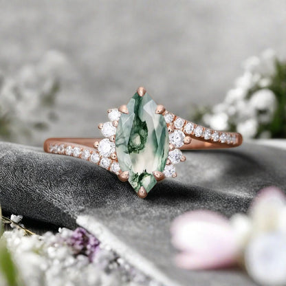 Marquise cut Moss agate Engagement ring Vintage Rose gold Art Deco Botanical Marquise Moissanite Promise Bridal Anniversary Ring for Women