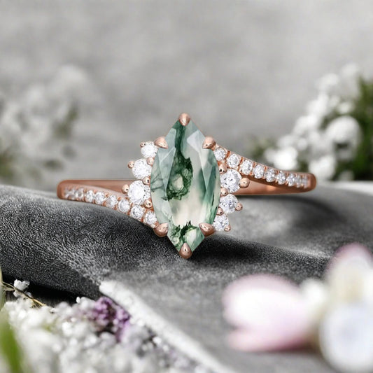 Marquise cut Moss agate Engagement ring Vintage Rose gold Art Deco Botanical Marquise Moissanite Promise Bridal Anniversary Ring for Women