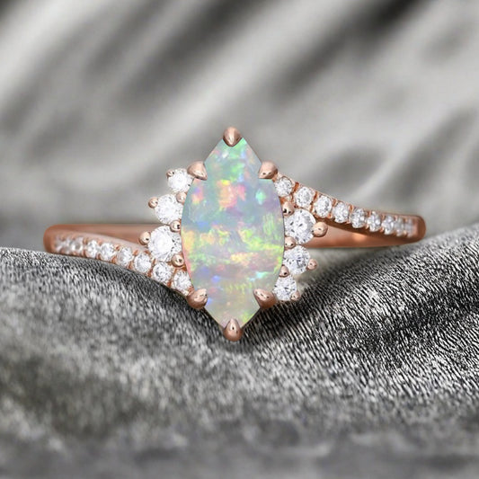 Marquise cut Opal Engagement ring Vintage Rose gold Art Deco Botanical Marquise Moissanite Promise Bridal Anniversary Ring for Women