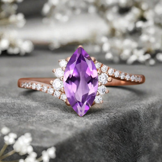 Marquise cut Amethyst Engagement ring Vintage Rose gold Art Deco Botanical Marquise Moissanite Promise Bridal Anniversary Ring for Women