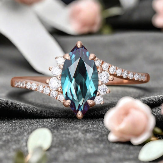 Marquise cut Alexandrite Engagement ring Vintage Rose gold Art Deco Botanical Marquise Moissanite Promise Bridal Anniversary Ring for Women