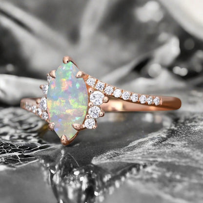 Marquise cut Opal Engagement ring Vintage Rose gold Art Deco Botanical Marquise Moissanite Promise Bridal Anniversary Ring for Women