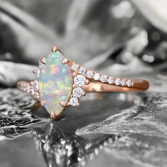 Marquise cut Opal Engagement ring Vintage Rose gold Art Deco Botanical Marquise Moissanite Promise Bridal Anniversary Ring for Women