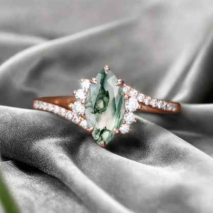 Marquise cut Moss agate Engagement ring Vintage Rose gold Art Deco Botanical Marquise Moissanite Promise Bridal Anniversary Ring for Women